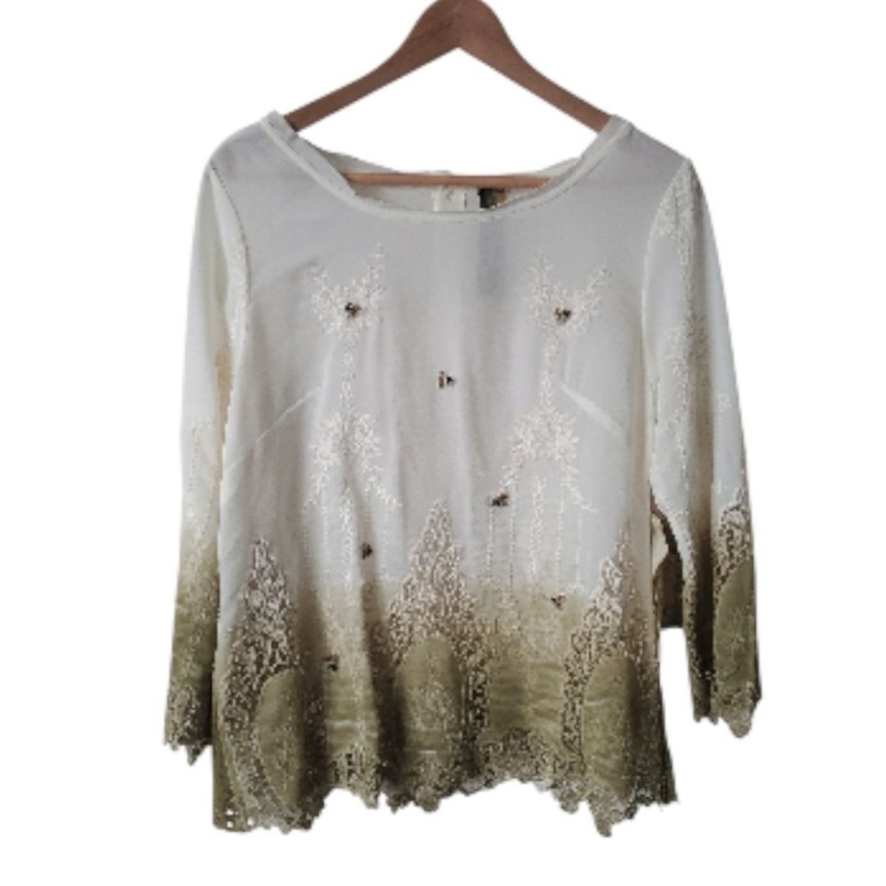 Aratta Cream and Olive Lace-Detailed Long Sleeve Top